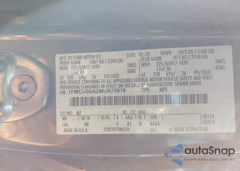 2021 Ford Escape Se z USA, uszkodzony, nr VIN 1FMCU0G62MUA75918